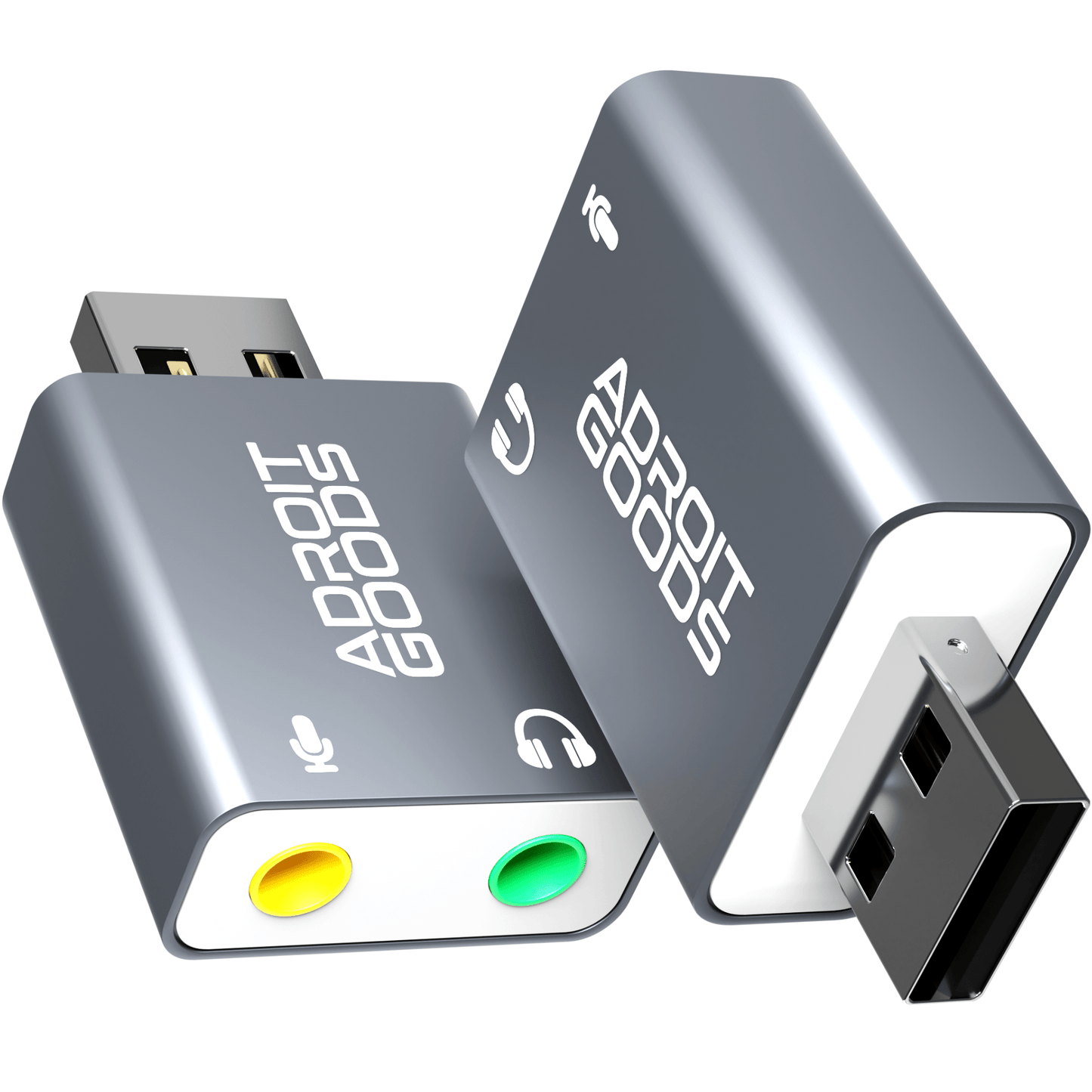 grijze usb geluidskaart met gele en groene audio poorten en witte tekst adroit goods