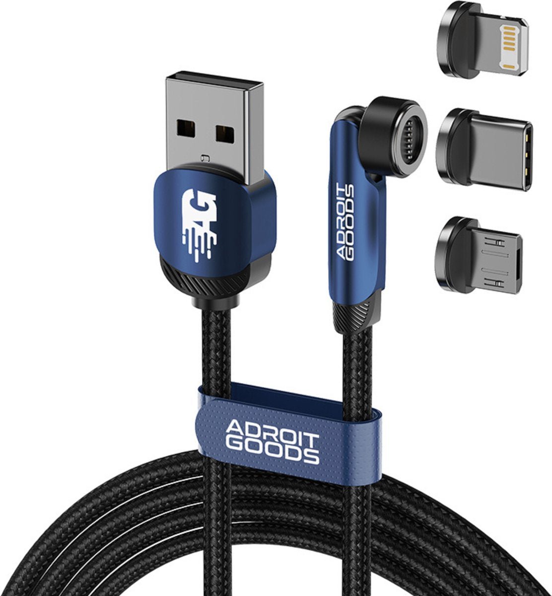 Zwarte magnetische oplaadkabel met 4 verschillende connectoren en blauwe Adroit Goods details