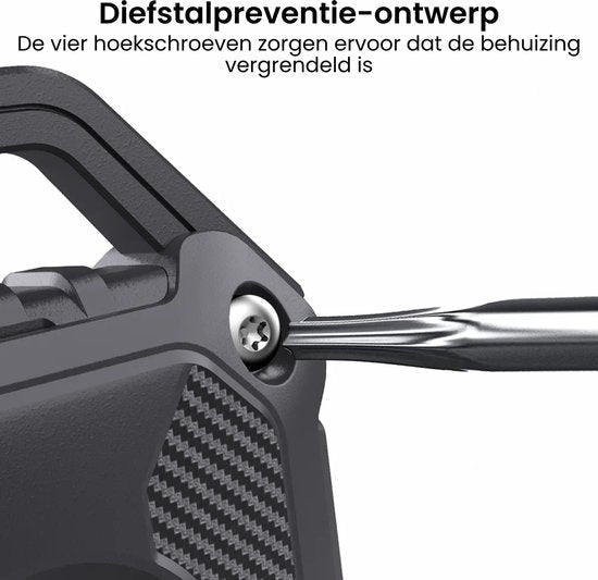 Close-up van een schroevendraaier die een beveiligde hoekschoef in een zwarte behuizing vastdraait