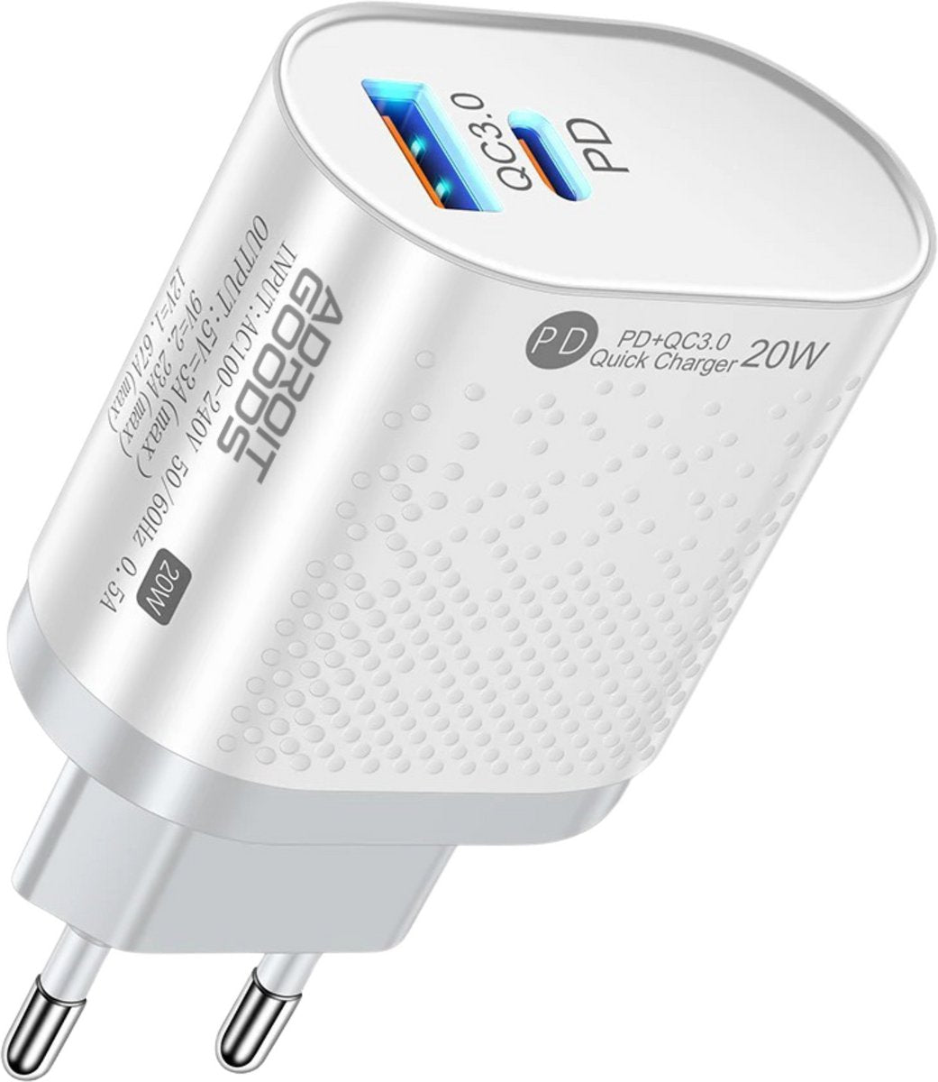 witte dubbele oplader met usb-c en usb-a poorten en snelle 20W laadfunctie
