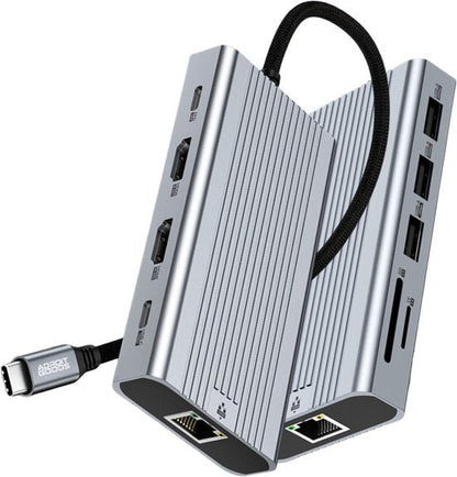 Twee zilveren USB-C hubs met meerdere poorten en een zwart gevlochten kabeltje