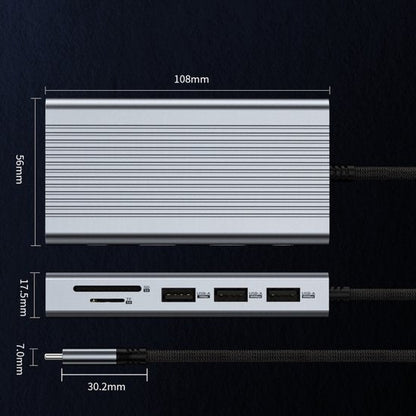 zilvergekleurde hub met drie usb-poorten en kaartlezer met afmetingen weergegeven
