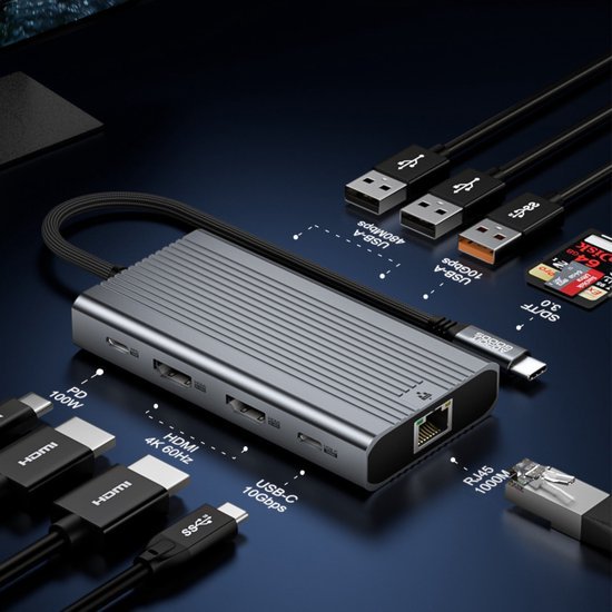 Compact multifunctioneel dockingstation met diverse poorten voor USB, HDMI en netwerkverbindingen