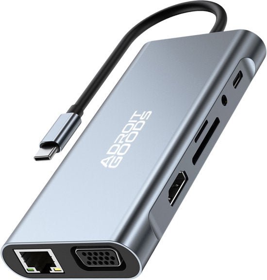 zilverkleurige AdroitGoods adapter met meerdere poorten en een type-C kabel aan sluitkant