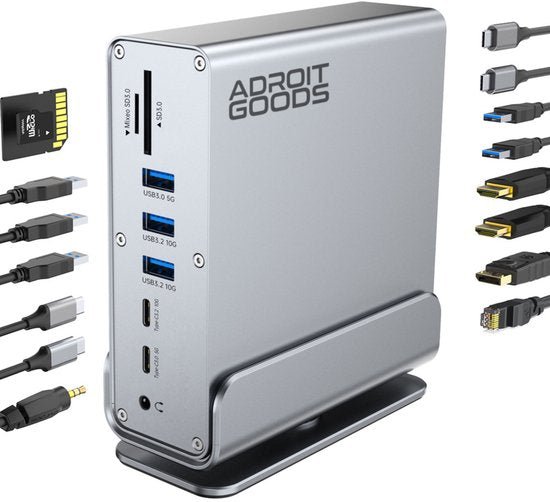zilver kleurige externe dockingstation met meerdere poorten en kabels van AdroitGoods