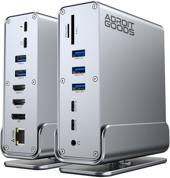 Twee zilverkleurige metalen dockingstations met diverse USB-, HDMI-, DisplayPort- en ethernetpoorten