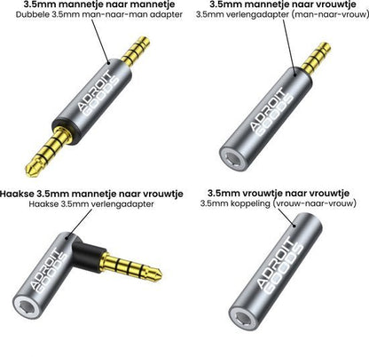 Vier soorten AdroitGoods 3,5mm audio adapters in verschillende man-vrouw combinaties zichtbaar.