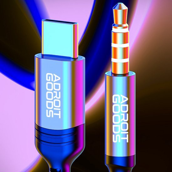 Close-up van een kleurrijke USB-C en 3,5mm audioadapter met AdroitGoods logo in gloeiende kleuren