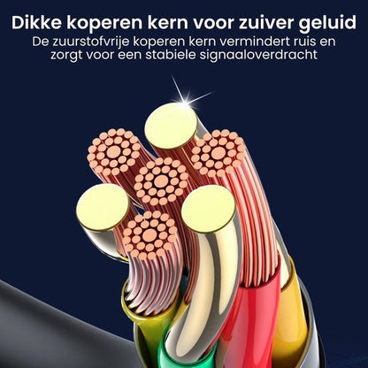 Close-up van dikke koperen aders met glanzende zuurstofvrije kern voor helder geluid