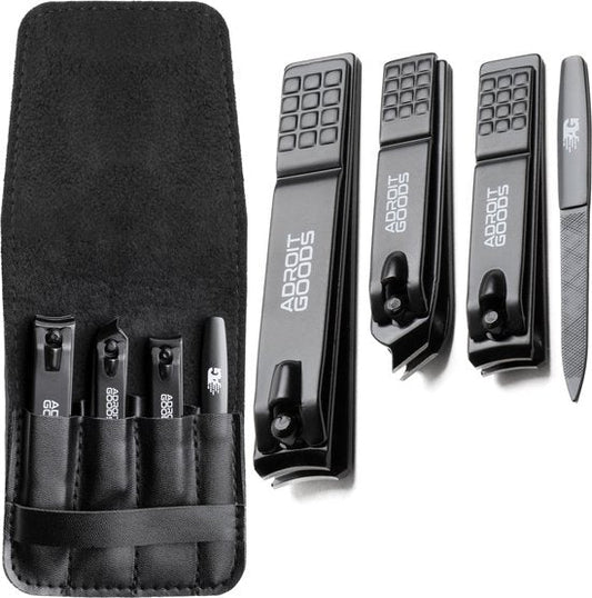 Set zwarte nagelknippers en vijl met opberghoes, professioneel en compact ontwerp