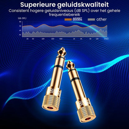 Twee gouden audiobussen met grafiek die superieure geluidskwaliteit en frequentiebereik toont