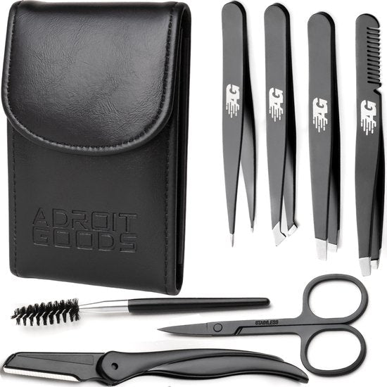 Zwart verzorgingsset met etui, pincetten, schaar en kam voor precisiewerk en styling.