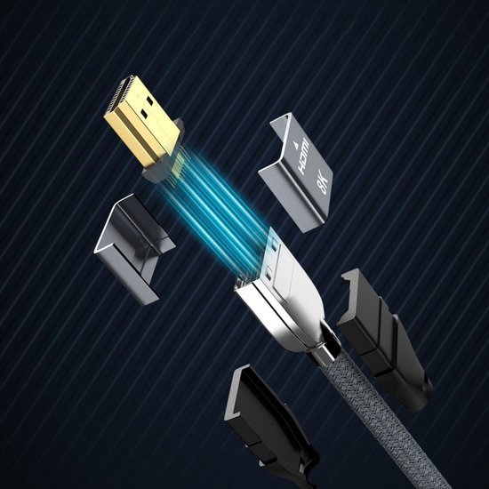 Exploded view van een HDMI-kabelconnector met metalen behuizing en blauwe lichtstralen