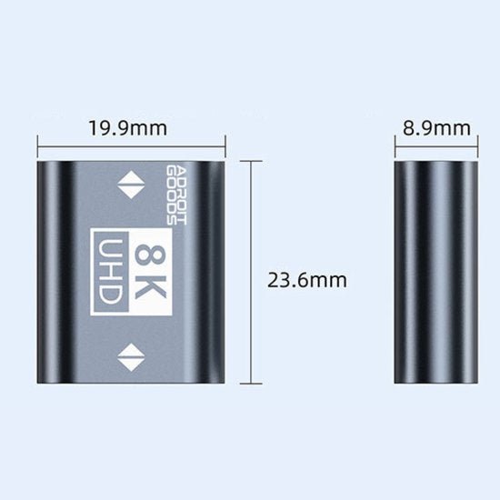 Compact zwart metalen apparaat met 8K UHD markering en afmetingen in millimeters weergegeven