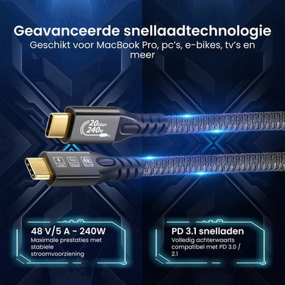 Twee USB-C kabels met gevlochten omhulsel en snelle oplaadtechnologie voor diverse apparaten