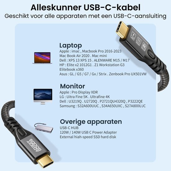 USB-C-kabel compatibel met laptops, monitoren en diverse apparaten voor data en stroomvoorziening