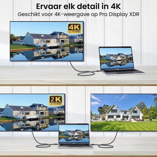 Laptop verbonden met een extern scherm met 4K en 2K ultrahoge resolutie weergave opties.