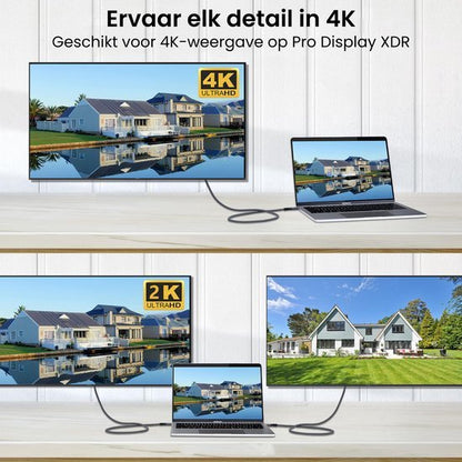 Laptop verbonden met een extern scherm met 4K en 2K ultrahoge resolutie weergave opties.