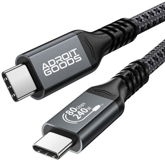 Twee USB-C kabels met gevlochten buitenkant en aanduiding van 80 Gbps en 240W vermogen