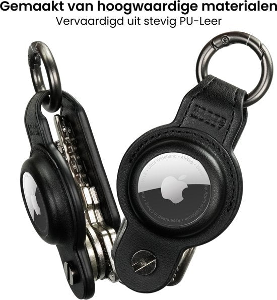 Zwarte sleutelhanger van stevig PU-leer met metalen ring en Apple AirTag houder