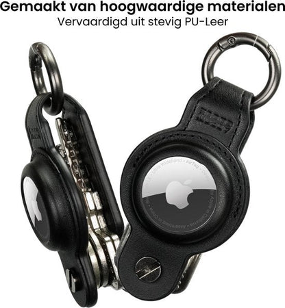 Zwarte sleutelhanger van stevig PU-leer met metalen ring en Apple AirTag houder