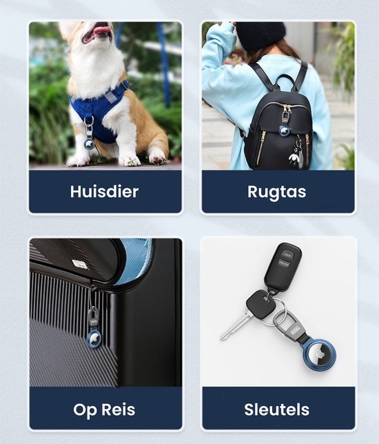 Vier toepassingen van een klein rond accessoire aan huisdier, rugtas, koffer en sleutels.