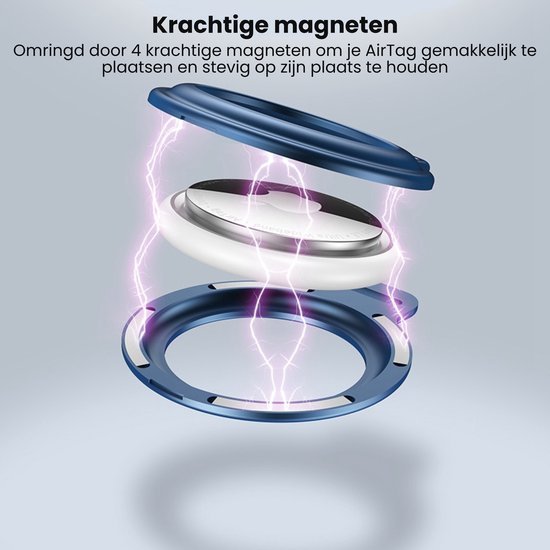 Exploded view van een apparaat omgeven door vier krachtige magneten in blauw en wit