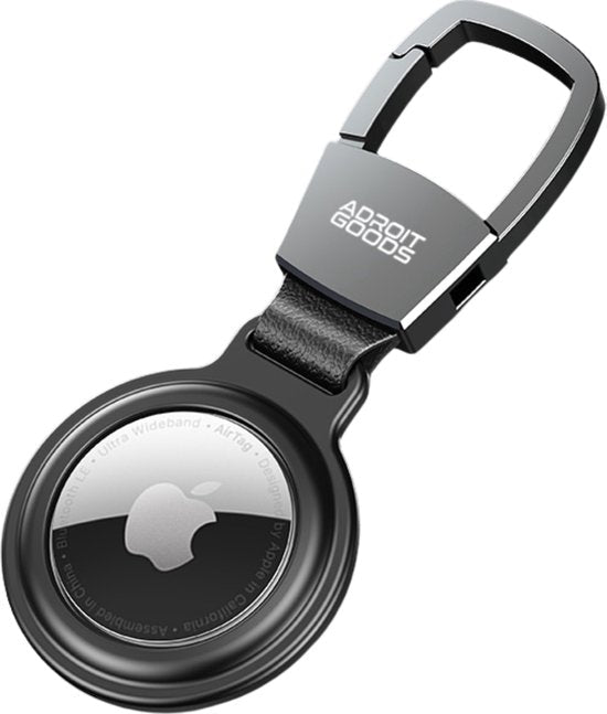 sleutelhanger met zwart lederen band en metalen karabijnhaak voor Apple AirTag bevestiging