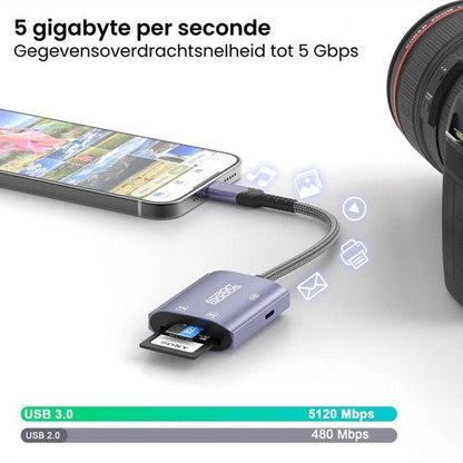 Lightning SD kaartlezer met snelle dataoverdracht tot 5 Gbps voor iPhone en iPad