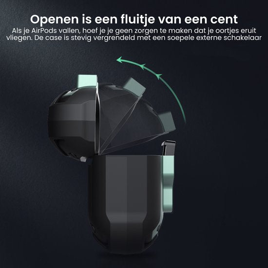 Zwarte beschermhoes met lichtgroene schakelaar en opengaande deksel voor oordopjes case