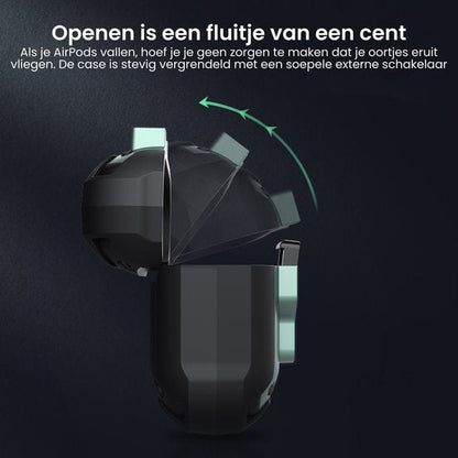 Zwarte beschermhoes met lichtgroene schakelaar en opengaande deksel voor oordopjes case