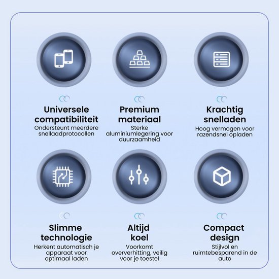 Zes cirkelvormige iconen met kenmerken zoals compatibiliteit, materiaal, snelheid, technologie, koeling en ontwerp in blauw.