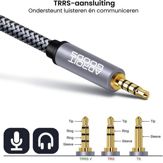 Gedetailleerde close-up van een TRRS-audiojack met metalen behuizing en gevlochten kabel