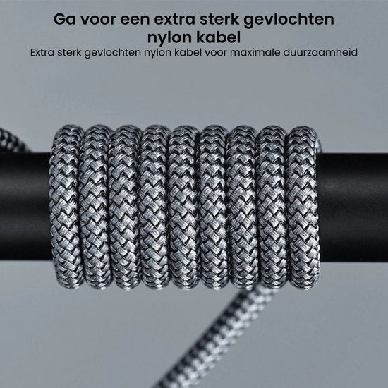 Extra sterk gevlochten nylon kabel voor optimale stevigheid en maximale duurzaamheid in grijs patroon