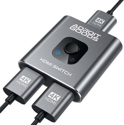 Grijze HDMI switch van Adroit Goods met drie 4K HDMI-poorten en een schakelknop