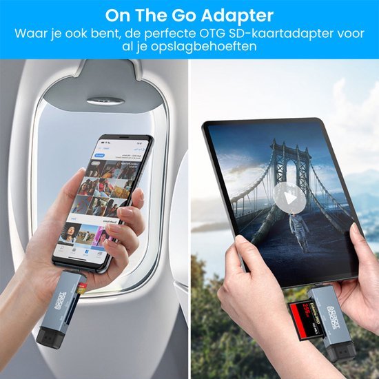 Handen die een OTG-adapter gebruiken met telefoon en tablet voor opslag en mediaweergave