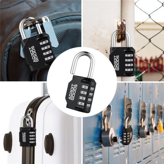 Zwarte combinatie hangslot van AdroitGoods gebruikt op koffer, rugzak en kluisjes in verschillende situaties