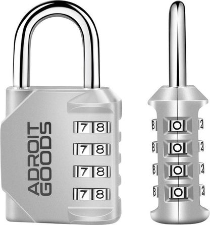 grijs metalen combinatieslot met vier draaibare wielen en inscriptie adroit goods