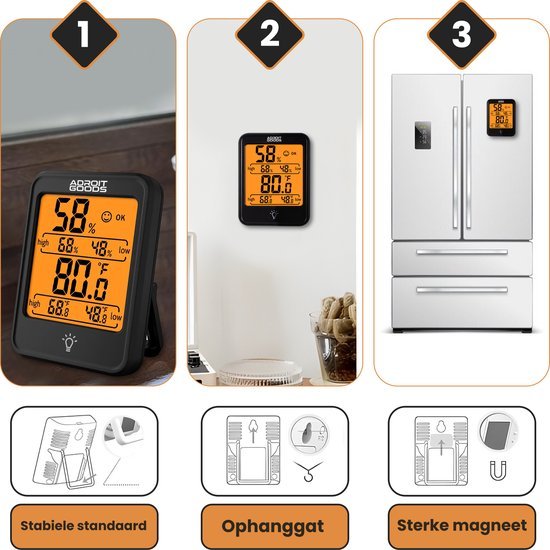 Digitale vochtigheids- en temperatuurmeter met oranje display op tafel, muur en koelkast bevestigd