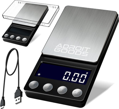 digitale weegschaal met roestvrijstalen plank en helder lcd scherm met usb oplaadkabel