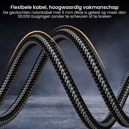 Zwarte gevlochten nylonkabel met 5 mm dikte, flexibel en duurzaam zonder scheuren of breken.