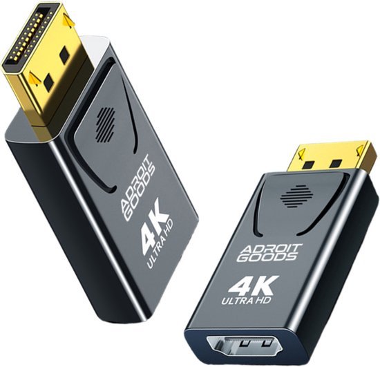 Twee zwarte adapters met goudkleurige connectoren en 4K Ultra HD branding van Adroit Goods