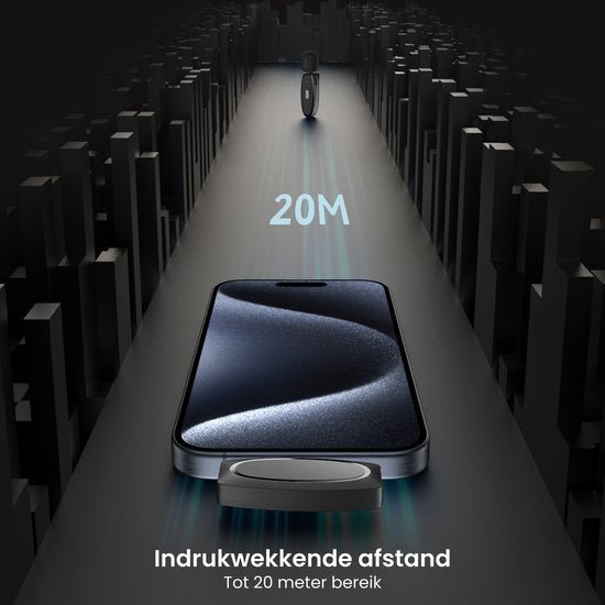 Zwart apparaat met display en afstandsaanduiding van 20 meter in donkere omgeving