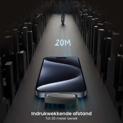 Zwart apparaat met display en afstandsaanduiding van 20 meter in donkere omgeving