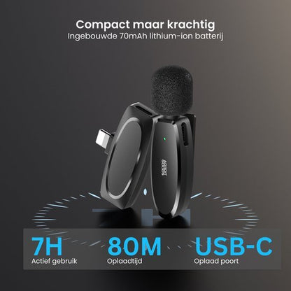 Zwart draadloos microfoonsysteem met USB-C poort en ingebouwde lithium-ion batterij