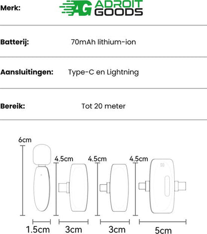 Afmetingen en specificaties van een AdroitGoods apparaat met batterij en aansluitingen weergegeven.