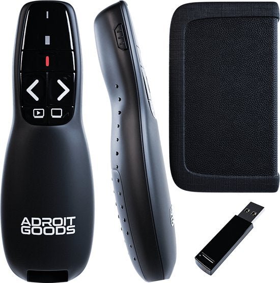 Zwarte presentatie afstandsbediening met USB-ontvanger en beschermhoes van AdroitGoods