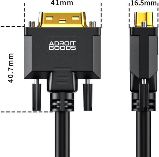 Zwarte adapterkabel met gouden connectoren en afmetingen gemarkeerd in millimeters