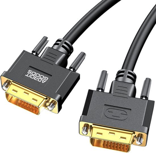 Zwart kabel met goudkleurige connectoren en schroefbevestigingen voor stevige verbinding