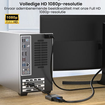 Achterzijde computer met diverse aansluitingen en aangesloten kabels op een monitor.